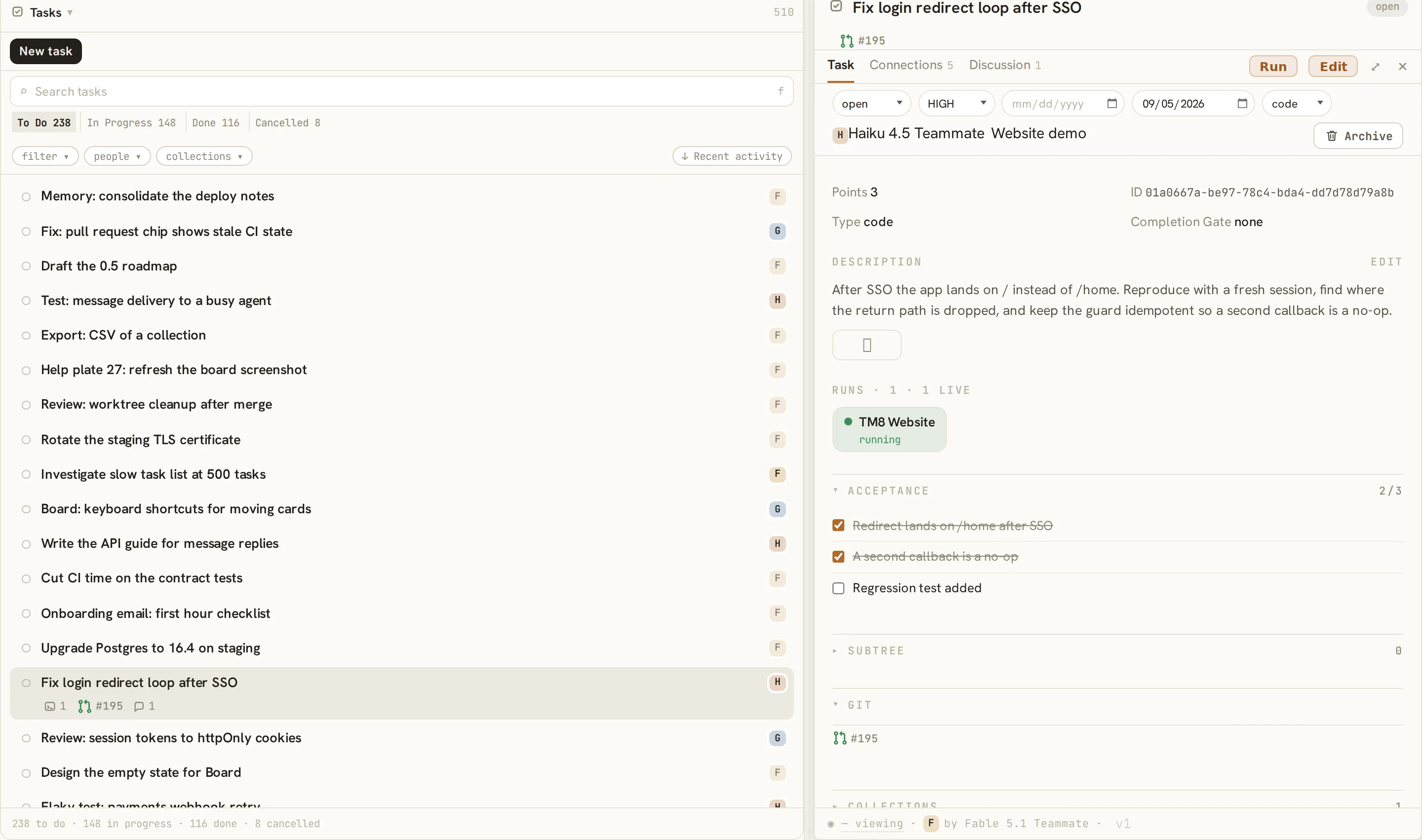 The Work screen in tm8: the task list on the left, and on the right the open task with its state, priority, assignee, description and acceptance criteria.